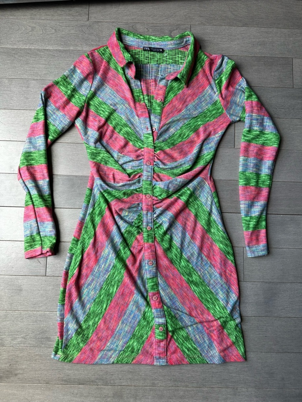 Zara Women’s Striped Ruched Bodycon Spring Colorful Knit Long Sleeve Dress M